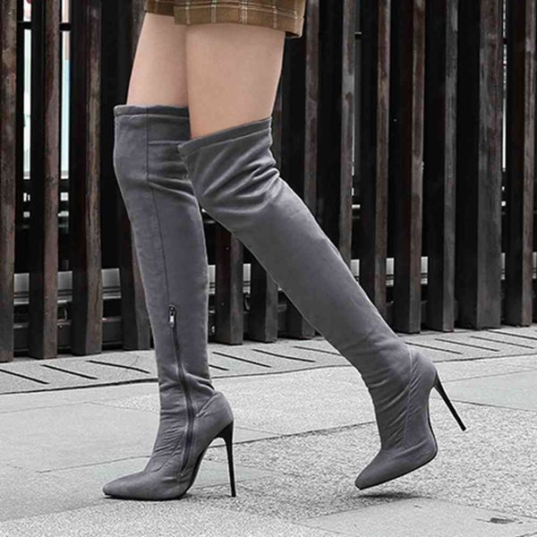 

boots female knee thin heel thigh high boots women brand pointed toe fashion party shoes woman, Black
