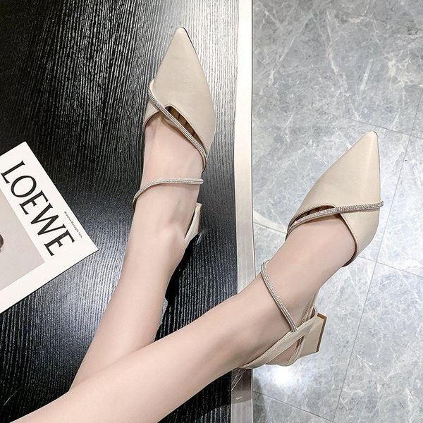 

dress shoes black beige slingbacks women pointed toe sandals summer crystal narrow band thick high heels closed