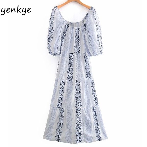 

fashion women openwork embroidery floral print long dress female lantern sleeve round scoop neck a-line summer 210514, Black;gray