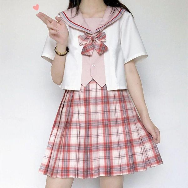 

men's jackets heydress summer sweet japanese girl school jk uniform preppy style pink pleat skirts cute plaid sailor collar blouse set, Black;brown