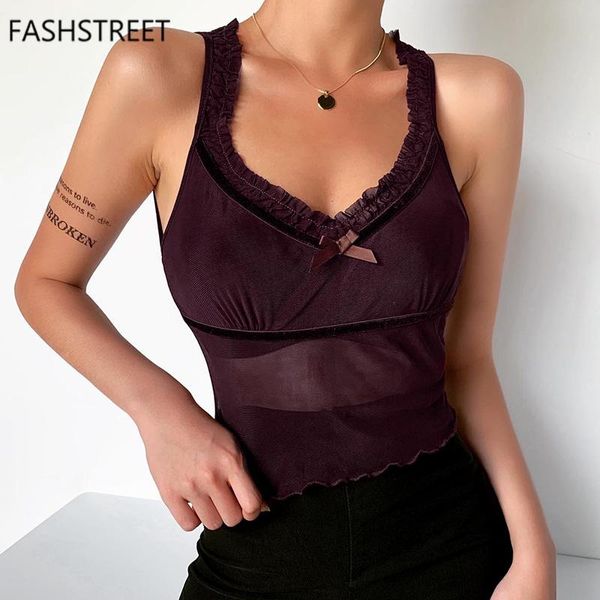 

women's tanks & camis fashstreet 2021 mesh patchwork v neck bow crop summer women fashion ruffle sleeveless slim tank female club t, White