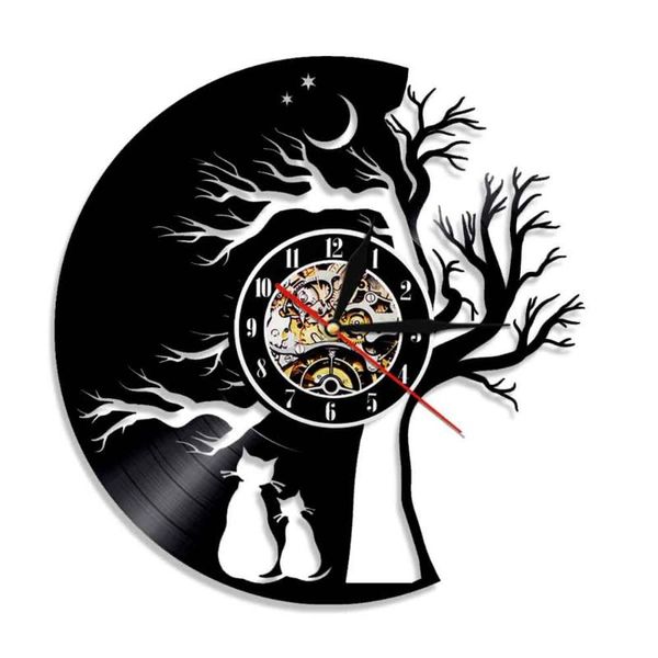

wall clocks cat under the tree cd record clock led diy removable art watch home decorative room decor