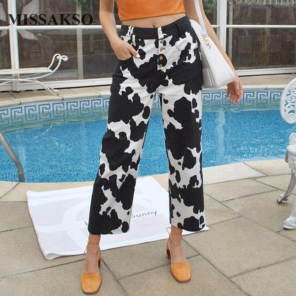 

missakso women contrast color jeans streetwear fashion printed pants loose sweatpants high waist casual autumn trousers female women's, Black;white