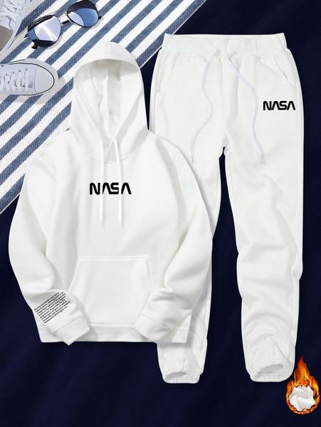 

men slogan graphic kangaroo pocket drawstring thermal hoodie & sweatpants l0ym#, Gray