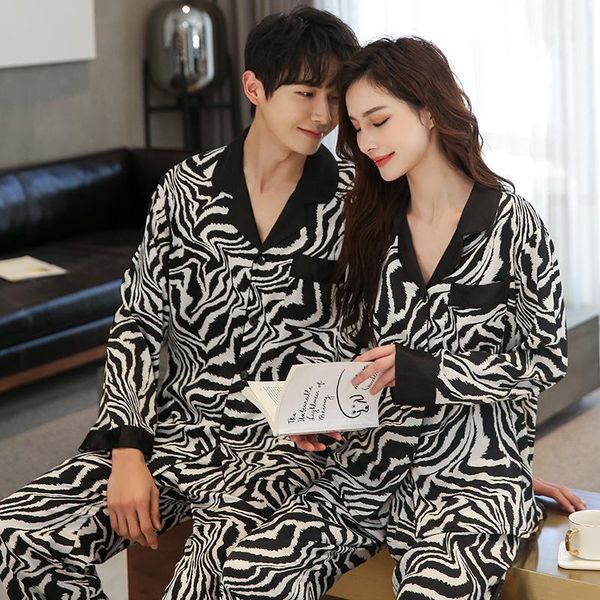 

zebra print lounge 2pcs couple pajamas suit spring autumn home clothes loose nightwear turn-down collar shirt&pant sleepwear men's, Black;brown