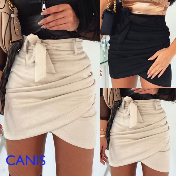 

skirts woman suede asymmetrical bandage bodycon mini pencil skirt ladies casual club solid high waist 2021 spring, Black