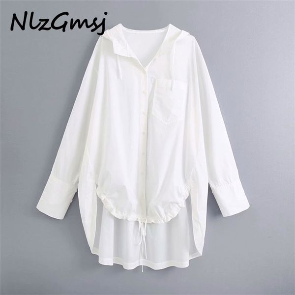 

women fashion with drawstring hood loose asymmetric blouses vintage long sleeve side vents female shirts chic 210628, White