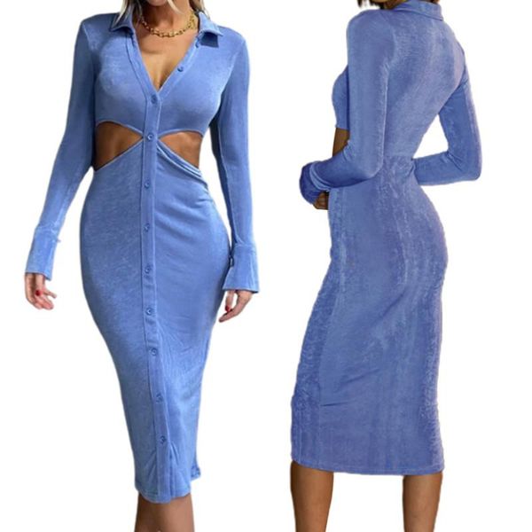 

casual dresses women close-fitting hollow out dress, solid color turn-down collar long sleeve spring autumn, Black;gray