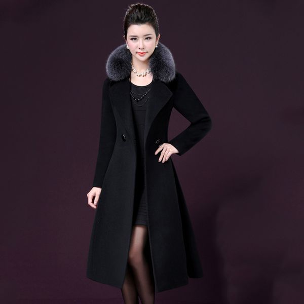 

women's wool & blends kmetram winter jacket woolen coat female fur collar long s for clothes 2021 windbreaker veste femme my, Black
