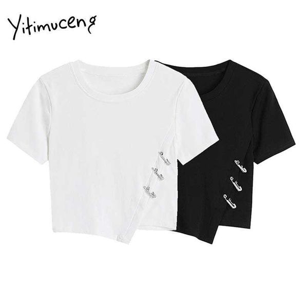 

yitimuceng irregular t shirts woman straight short sleeves tees unicolor white black summer korean fashion tshirts 210601