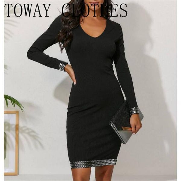 

casual dresses autumn plus size sequins decorated stretch v-neck elegant stylish bodycon dress wholesale, Black;gray