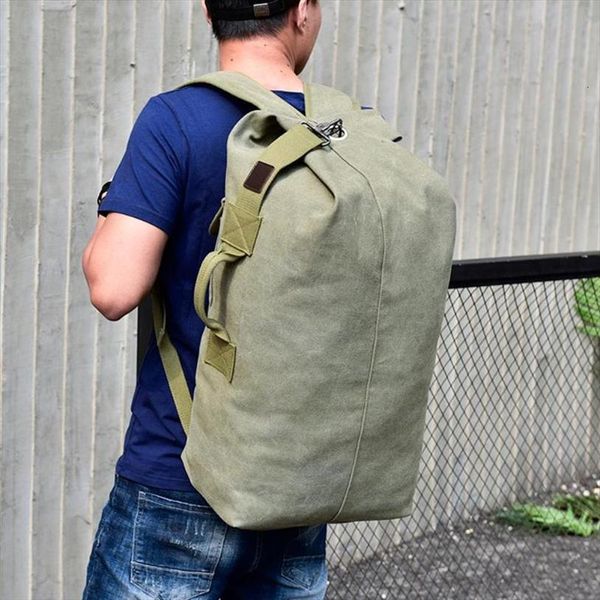 

military tactical canvas backpack men male big durable army bucket bag outdoor sports duffle shoulder casual travel rucksack