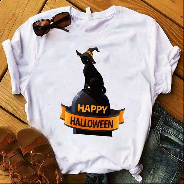 

happy halloween black cat printed women t shirts tee clothes graphic, White