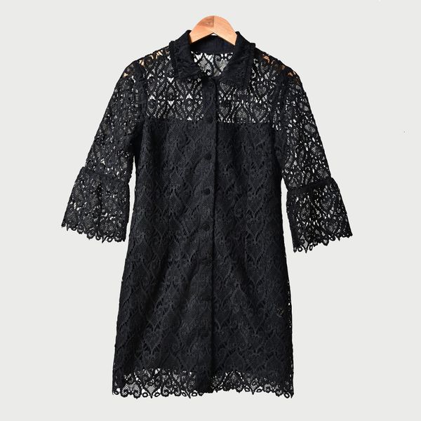 

casual dresses summer 3/4 sleeve lapel neck black pure color lace panelled buttons single-breasted dress elegant md09271 g3m3, Black;gray