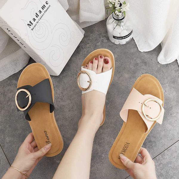 

slippers summer fashion women round buckle decoration outdoor slides flat heel elastic upper solid modern shoes ladies female pmv7, Black