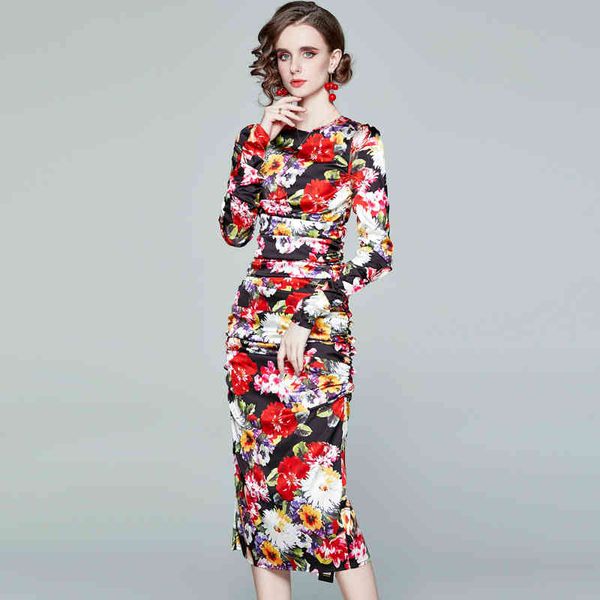 

spring summer vintage retro boho o neck print floral bodycon dress elegant long sleeve ruched satin dresses 210416, Black;gray