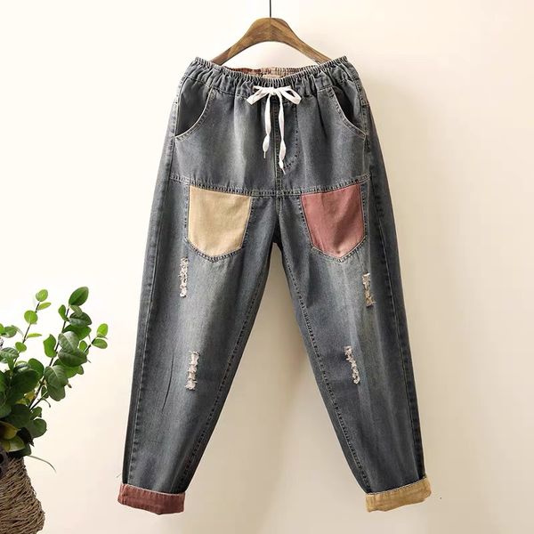 

jeans spring fall style women's elastic waistband casual breeches cotton pocket denihare upper quality pants s477, Blue
