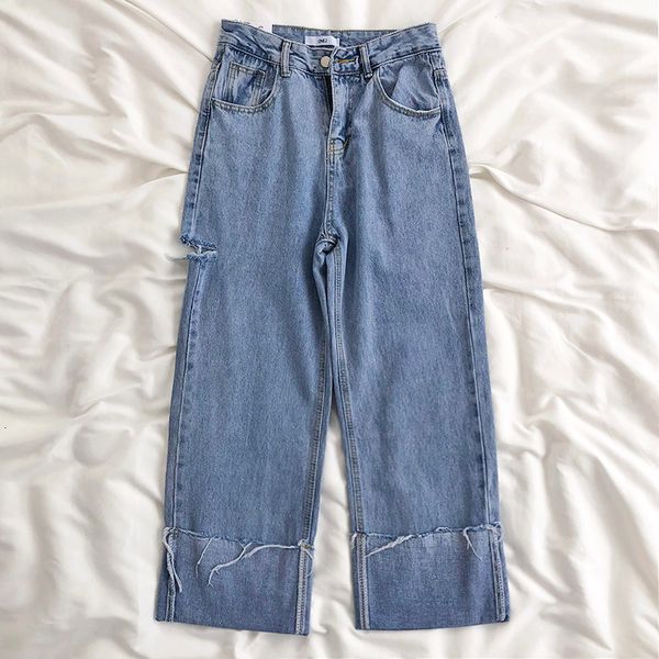 

korean style streetwear wide leg female vintage ripped jeans women trousers harajuku high waist loose denim pants, Black;white