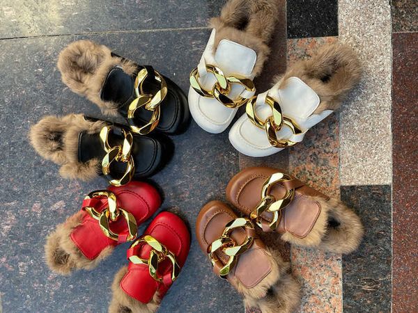 

autumn and winter warm fur slippers 2021 new fashion gold chain baotou muller shoes rabbit fur casual shoes women house shoes h0827, Black