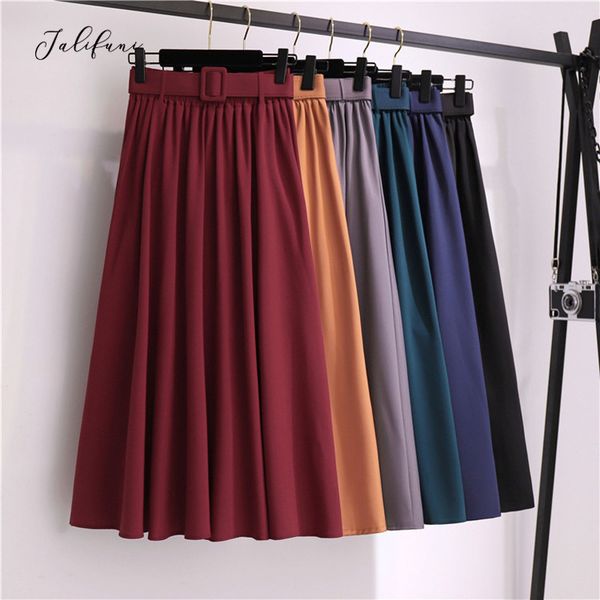 

soild with belt pleated skirts women summer high waist vintage splicing a-line skirt lady new elegant ruffles midi skirts 210415, Black