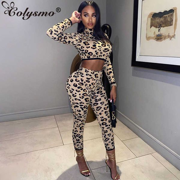 

colysmo leopard two piece outfits women fashion turtleneck long sleeve crop slim fit pants set female casual clothing 210527, White