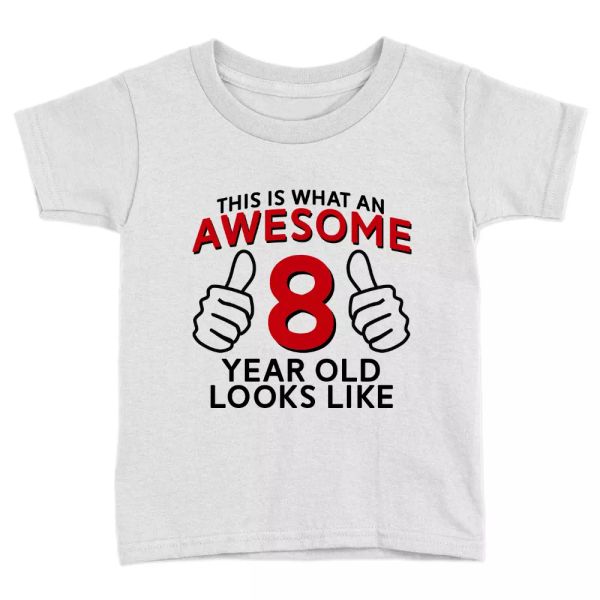 

awesome 8 year old kids t-shirt 8th birthday celebration gift cool top, White;black