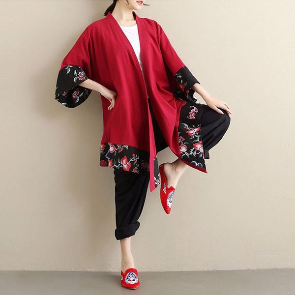 

women's jackets 2021 women long thin cotton line floral print open stitch chinese style vintage loose casual streetwear ethnic coat, Black;brown