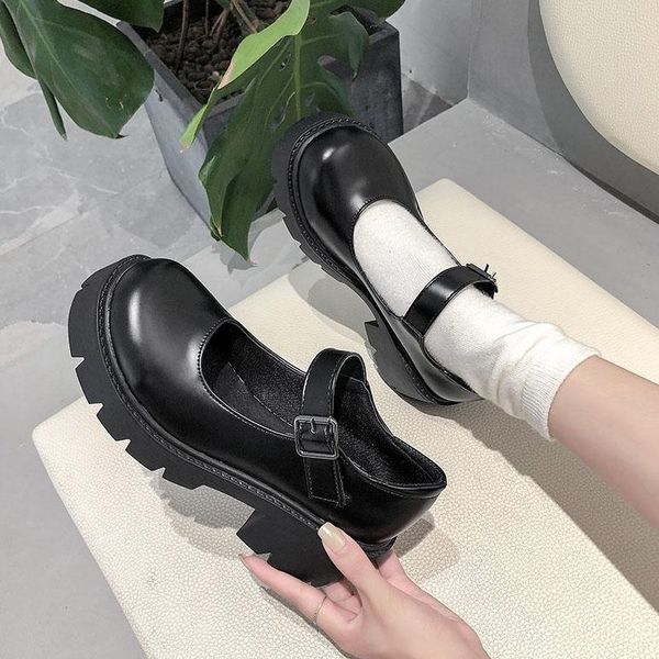 

dress shoes women solid leather casual woman japanese style vintage high heels waterproof platform college student buckle strap, Black