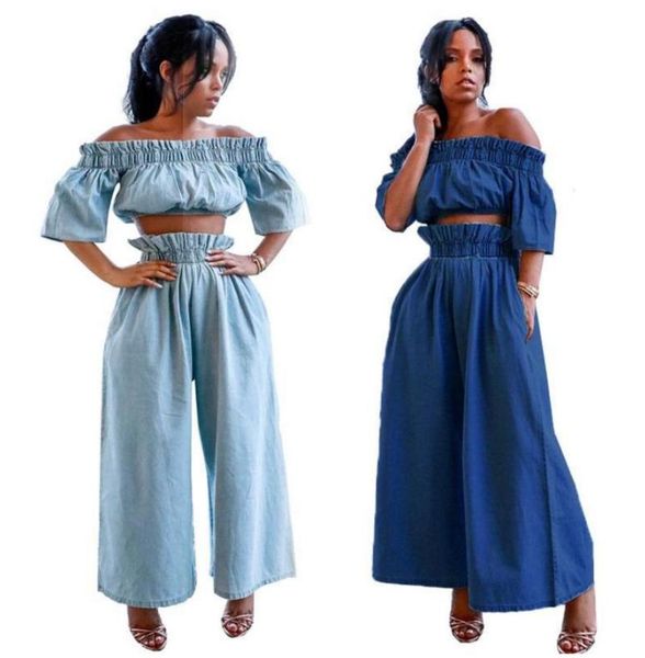 

women's two piece pants fashion women denim sets 2021 est short sleeves slash neck cropped loose wide leg 2pcs real images fall clothi, White