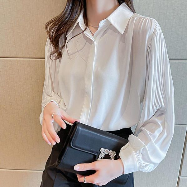 

women's blouses & shirts 2021 elegant pleated sleeves chiffon blouse ol lantern white women plus size single-breasted top