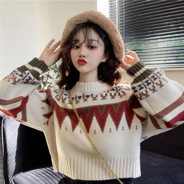

autumn and winter women's short sweater, printed round neck loose harajuku style fashion pullover em* sweaters, White;black
