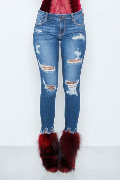 

women skinny ripped holes jeans tassel mid waist ladies casual slim fit long pants female trousers, Blue
