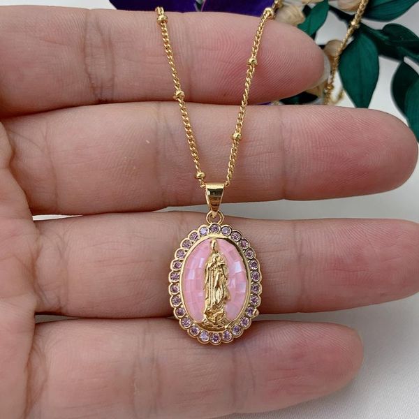

pendant necklaces blin pink natural shell zircon our lady for women fashion brass metal chokers necklace ethnic jewelry, Silver