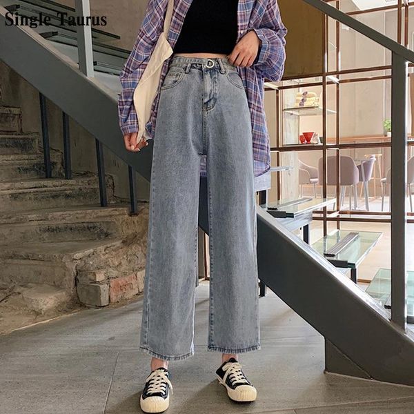 

fall winter female loose jeans high waist straight denim pants korea preppy style casual boyfriend ankle length women women's, Blue