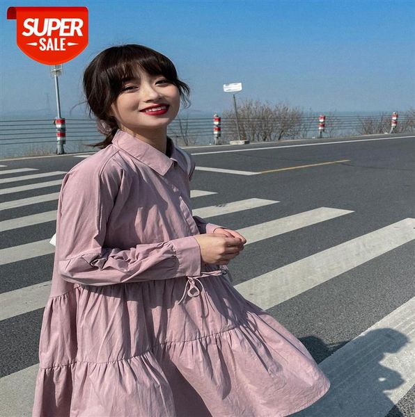 

930062 shirt collar dress female mid-length a-line long-sleeved black fairy cake #nj3d, Black;gray
