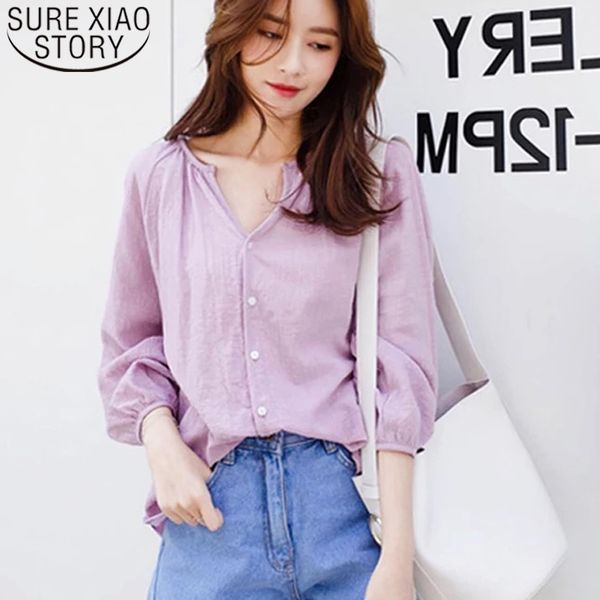 

blusas mujer de moda korean fashion clothing long sleeve buttonv-neck solid womens loose shirts blouses pink 7309 50 210415, White