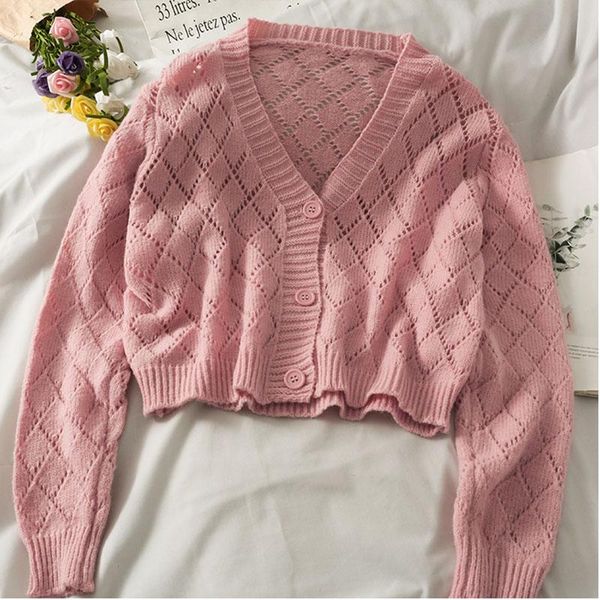 

women's knits & tees cropped cardigan knitted oversized sweater women v neck argyle sweaters pink vintage kawaii cute cardigans 2021 ko, White
