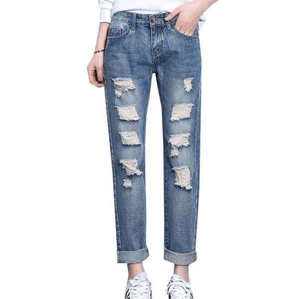

fashion women jeans korean ripped for washed summer women's denim pants casual straight trousers large size s-4xl, Blue