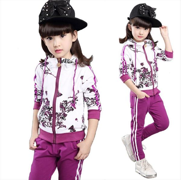

spring autumn girls active clothes jacket floral sports hoodies pants 2pcs sets suit children 4 14y clothing, White
