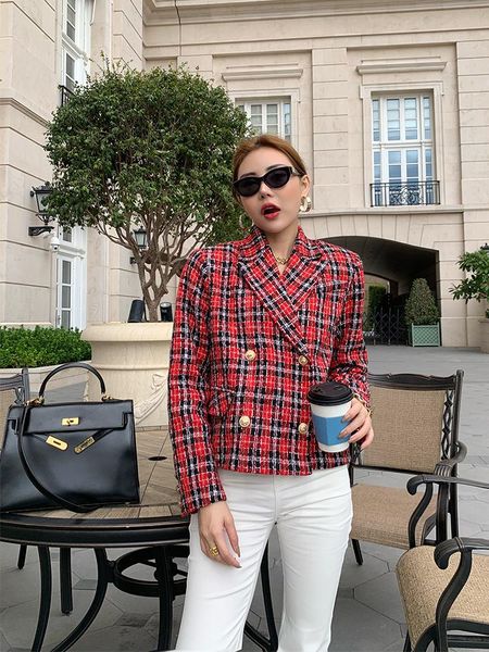 

women's blouses & shirts peach red plaid small suit coat, White