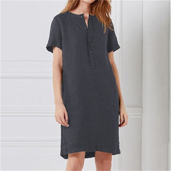 

elder sleeve women's short cotton middle hemp loose girl dress, White;black