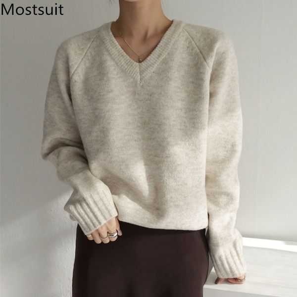 

winter korean v-neck knitted sweater pullover women long sleeve solid casual fashion jumpers femme 210518, White;black