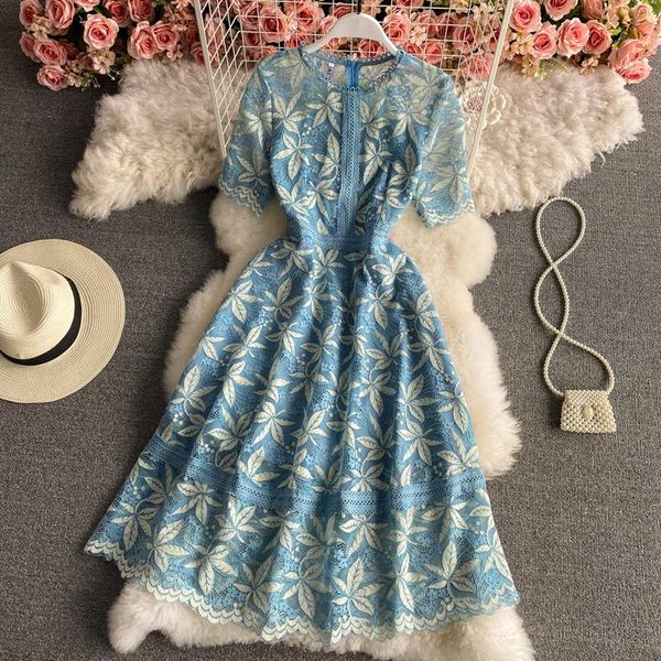 

casual dresses 2021 summer flwers print vestidos female round neck lace hollow out high-waist short-sleeved midi, Black;gray
