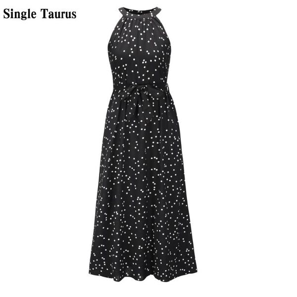 

female halter dress summer sleeveless casual beach maxi dresses for women black dot print bow bohemia vestidos verano, Black;gray