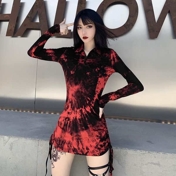 

red goth woman tie dye mini dress fashion dresses 2021 lady gothic neck zip drawstring side empire cool full sleeve casual, Black;gray