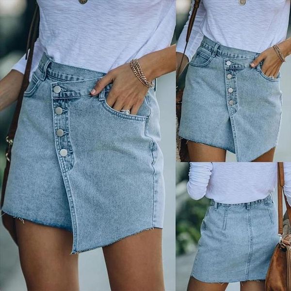

chic irregular denim pencil women skirt casual summer wild solid color retro button mini with pockets, Black