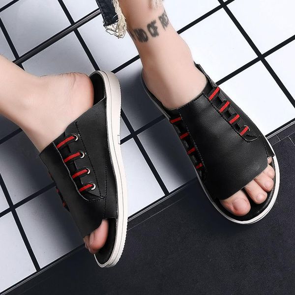 

slippers men sandals leather summer classic water shoes 2021 slipper comfortable fashion sneakers beach flip flops terlik chanclas hombre, Black