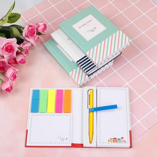 

mini notebook with pen hardcover trivial book sticky combination diary notepad office school memo pad notepads, Purple;pink