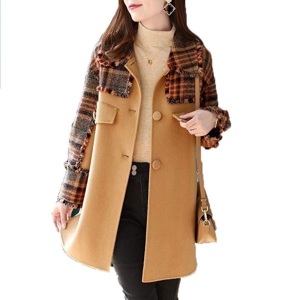 

women's wool & blends 2021 spring autumn woolen coat women mid-length blended plaid jacket single-breasted design chic female outwear, Black