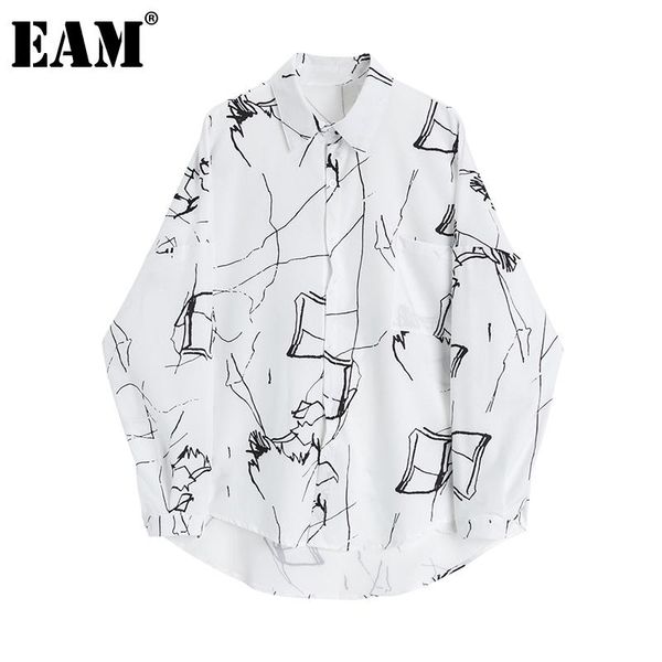 

[eam] women white pattern printed big size blouse lapel long sleeve loose fit shirt fashion tide spring autumn 2021 1da293 women's blou